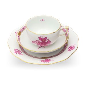 Herend Hungary Raspberry Chinese Bouquet Apponyi Tea Cup – Saucer – Desert Plate Set