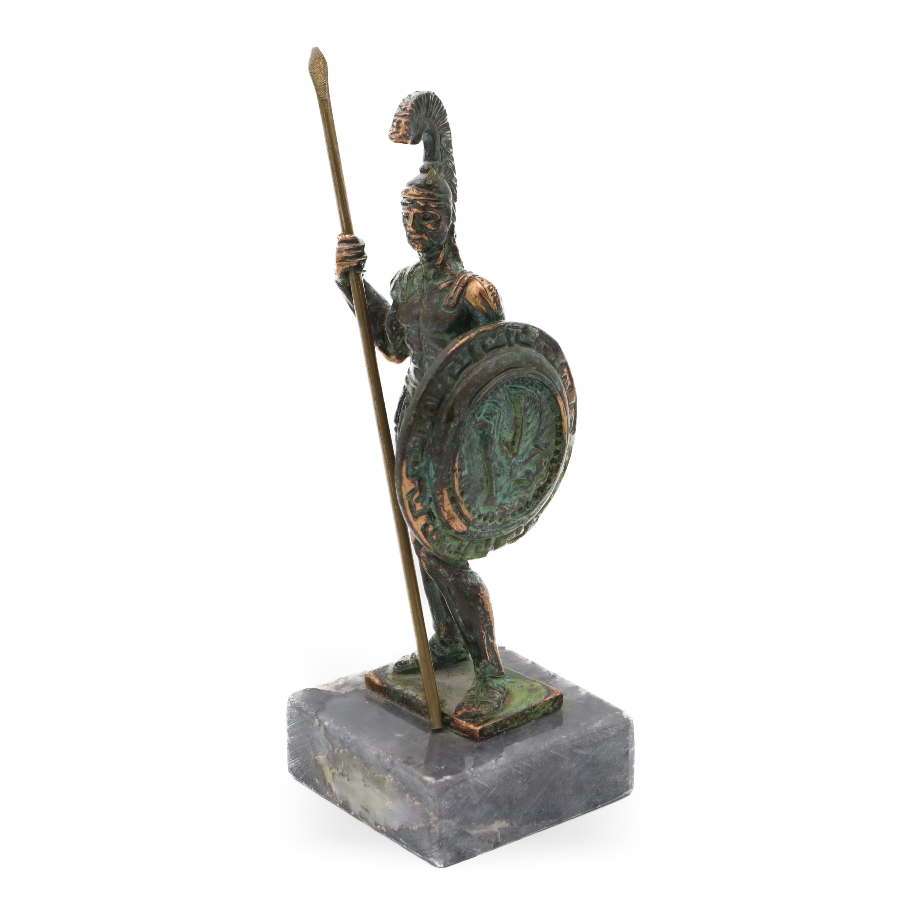 Spartan Warrior Bronze Statue with Spear and Shield on Marble Base, Ancient Greek Soldier Sculpture