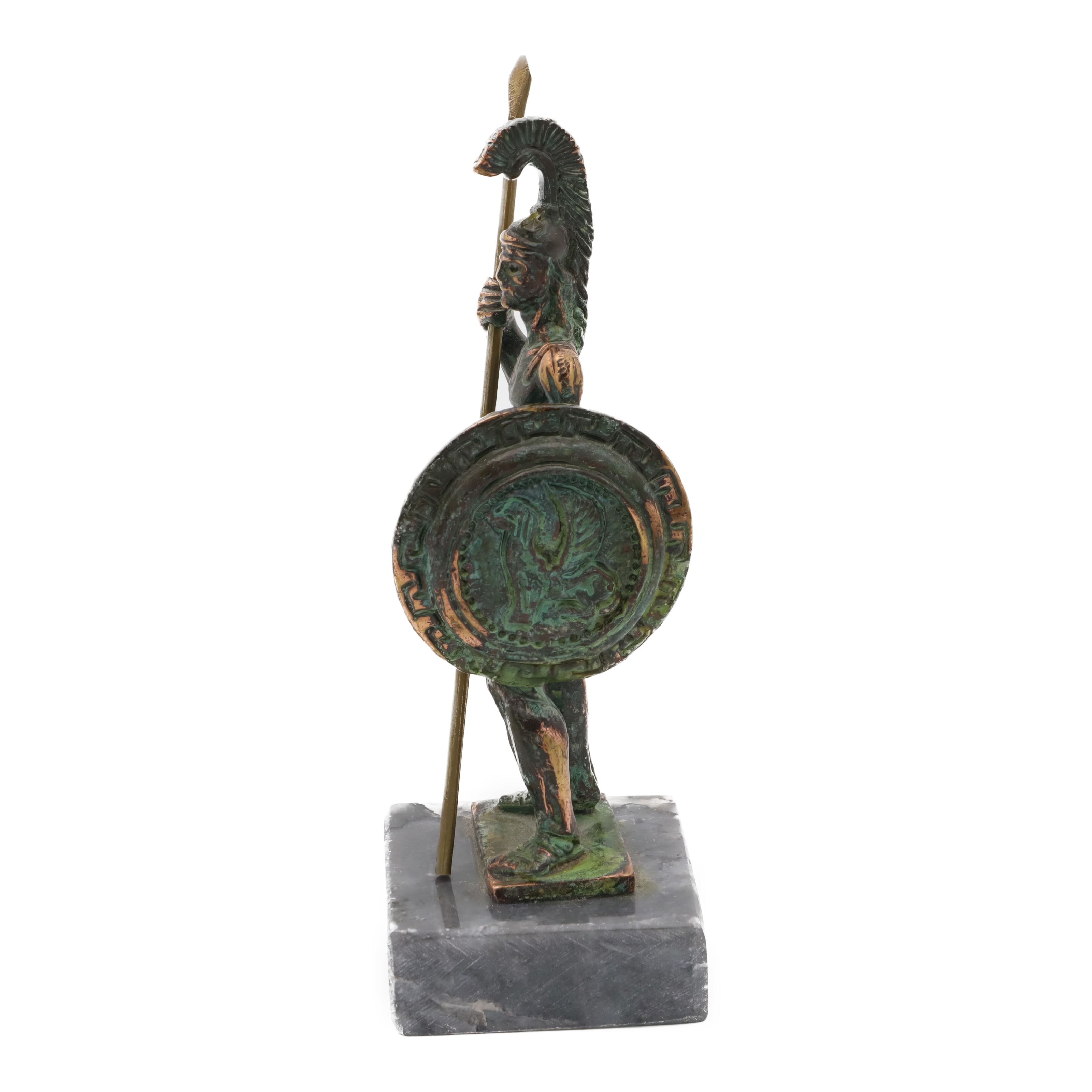 Spartan Warrior Bronze Statue with Shield and Spear, detailed side view on marble base