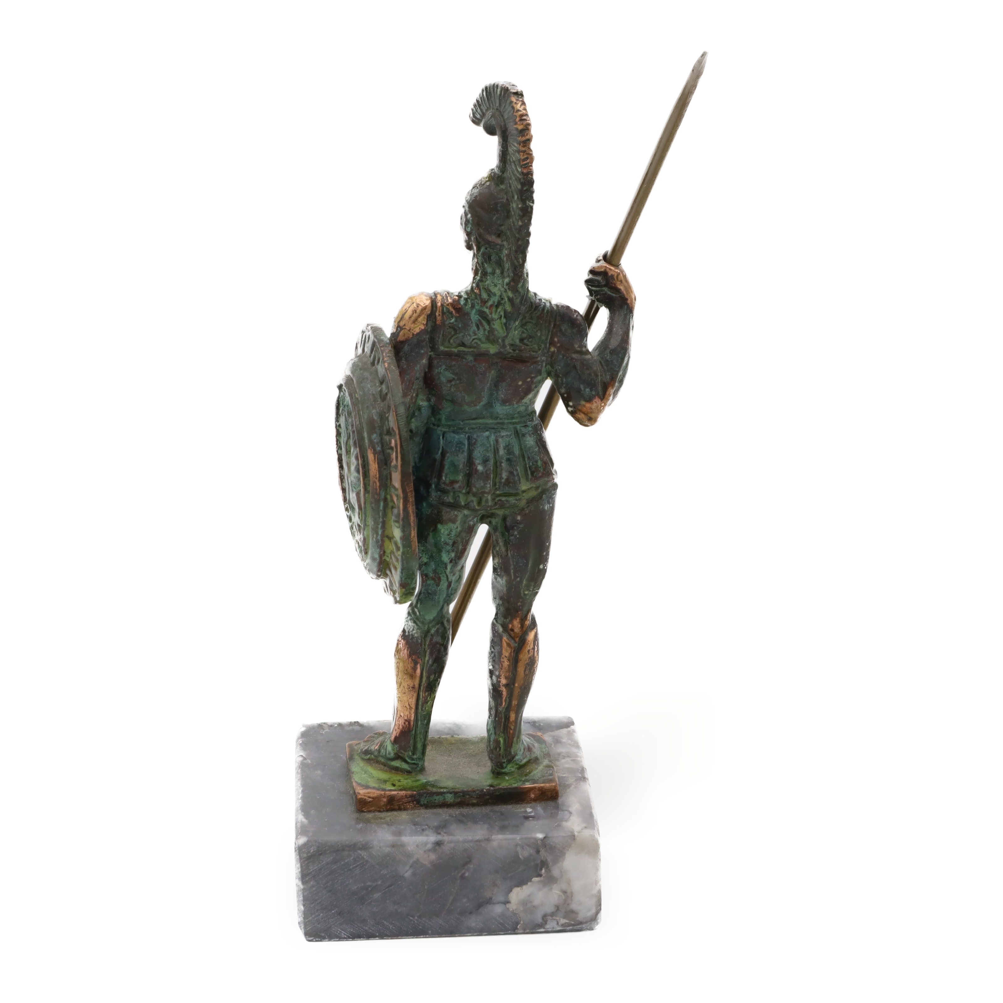 Spartan Warrior Bronze Statue showing back view with shield and spear, detailed bronze sculpture on marble base