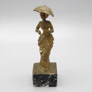 Antique Bronze Lady With Parasol – Victorian Lady In Gown Holding Parasol Marble Pedestal - Art Deco Figurine - Collectible Home Décor - Vintage Bronze Sculpture - Victorian Era Statue - Elegant Bronze Accent - Antique Figurine For Mantel