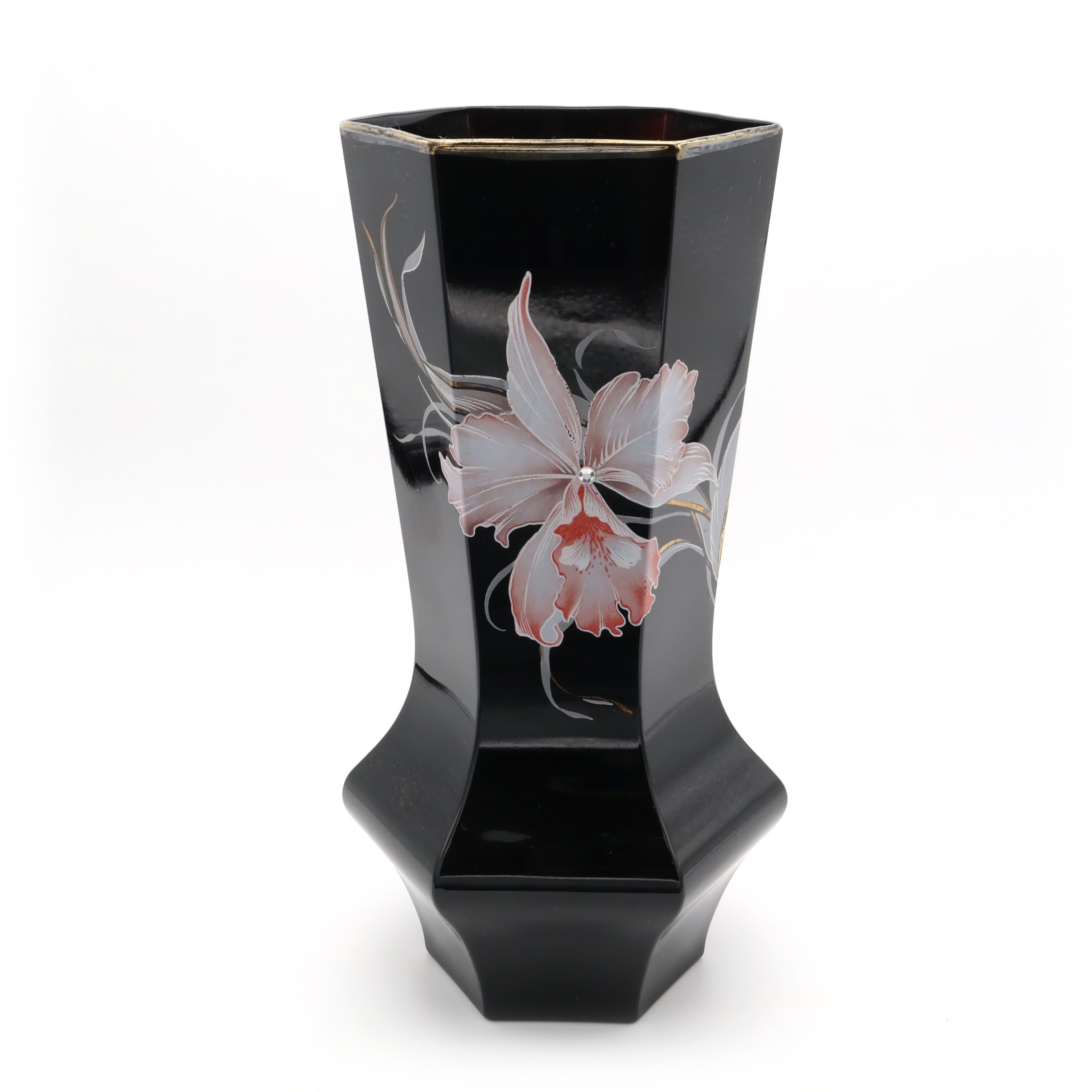 Black Murano Vase - Hexagonal Vintage Handmade Vessel - Italian Art Glass Decor - Mid Century Modern Home - Collectible Glass Vase