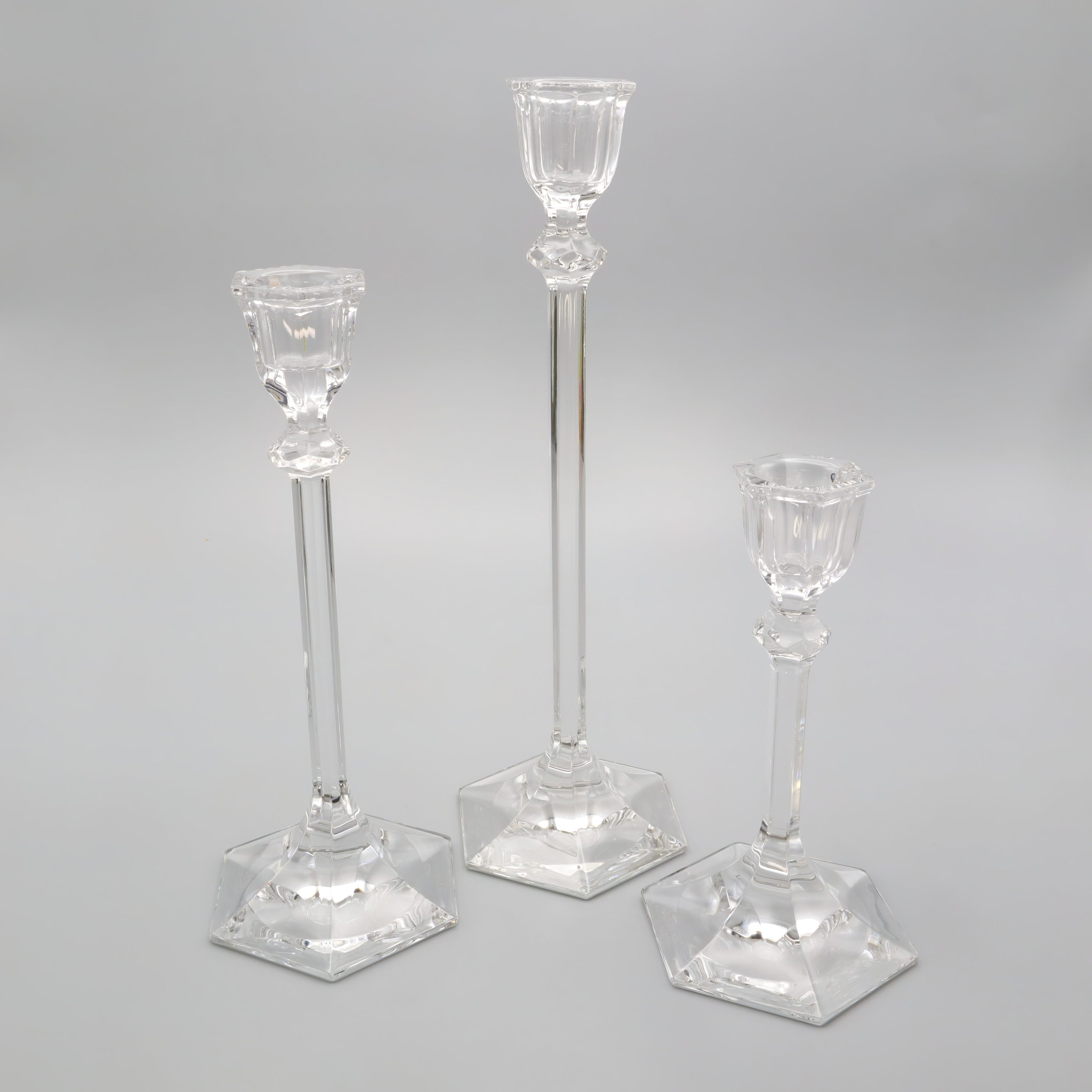 Set Of Art Deco Crystal Glass Candlesticks - Modernist Candelabre Set Of 3 - Vintage Candle Holders - Geometric Glass Decor