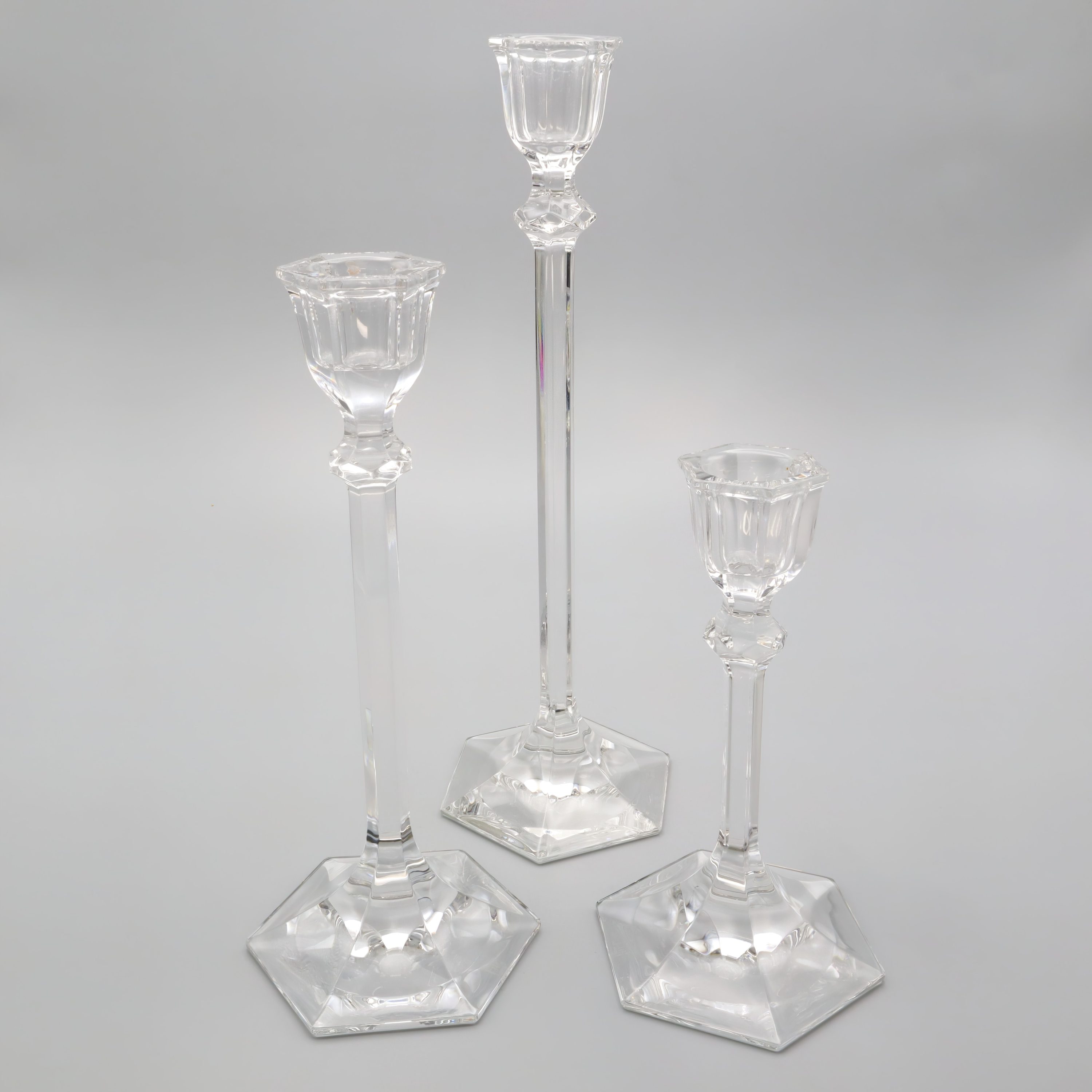 Set Of Art Deco Crystal Glass Candlesticks - Modernist Candelabre Set Of 3 - Vintage Candle Holders - Geometric Glass Decor