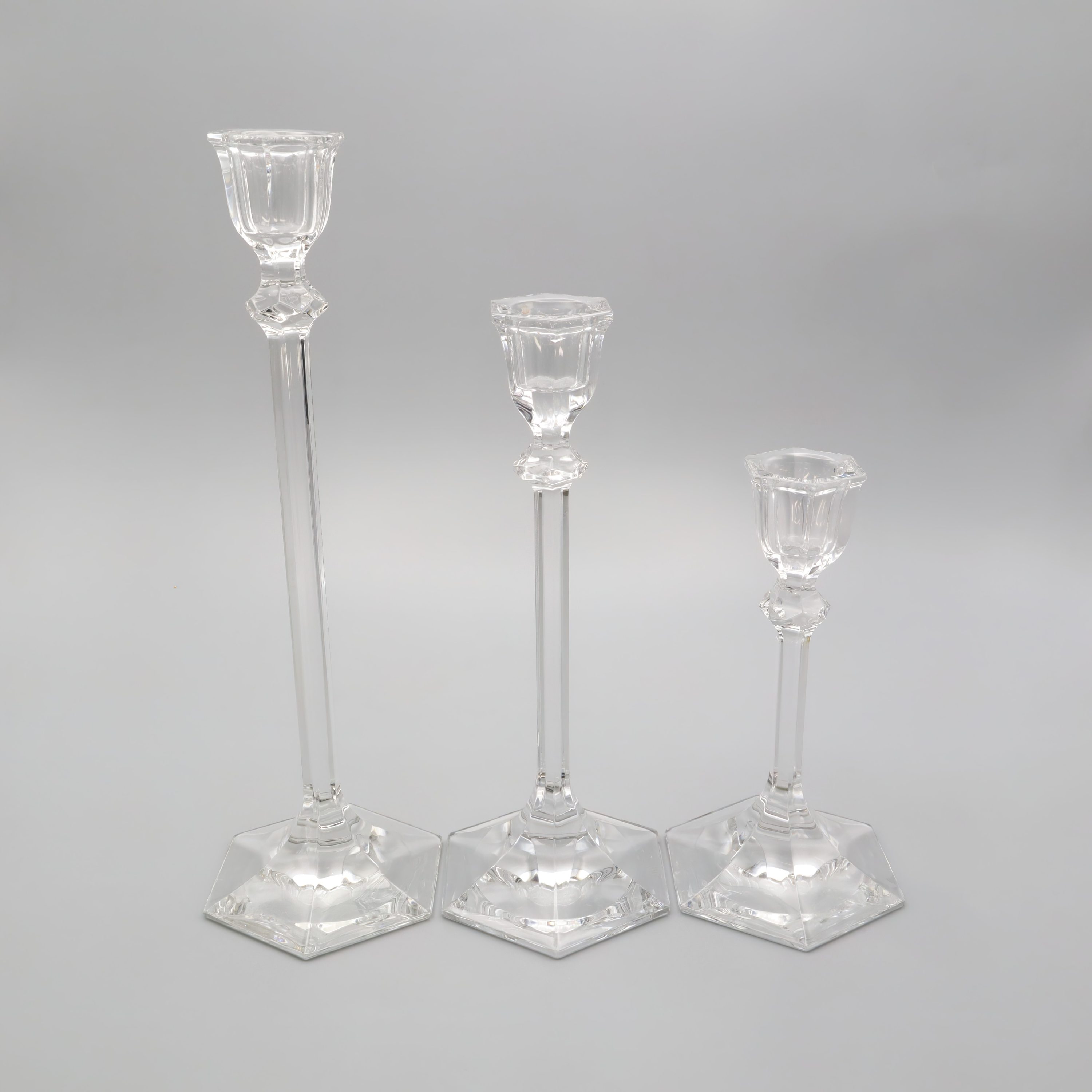 Set Of Art Deco Crystal Glass Candlesticks - Modernist Candelabre Set Of 3 - Vintage Candle Holders - Geometric Glass Decor