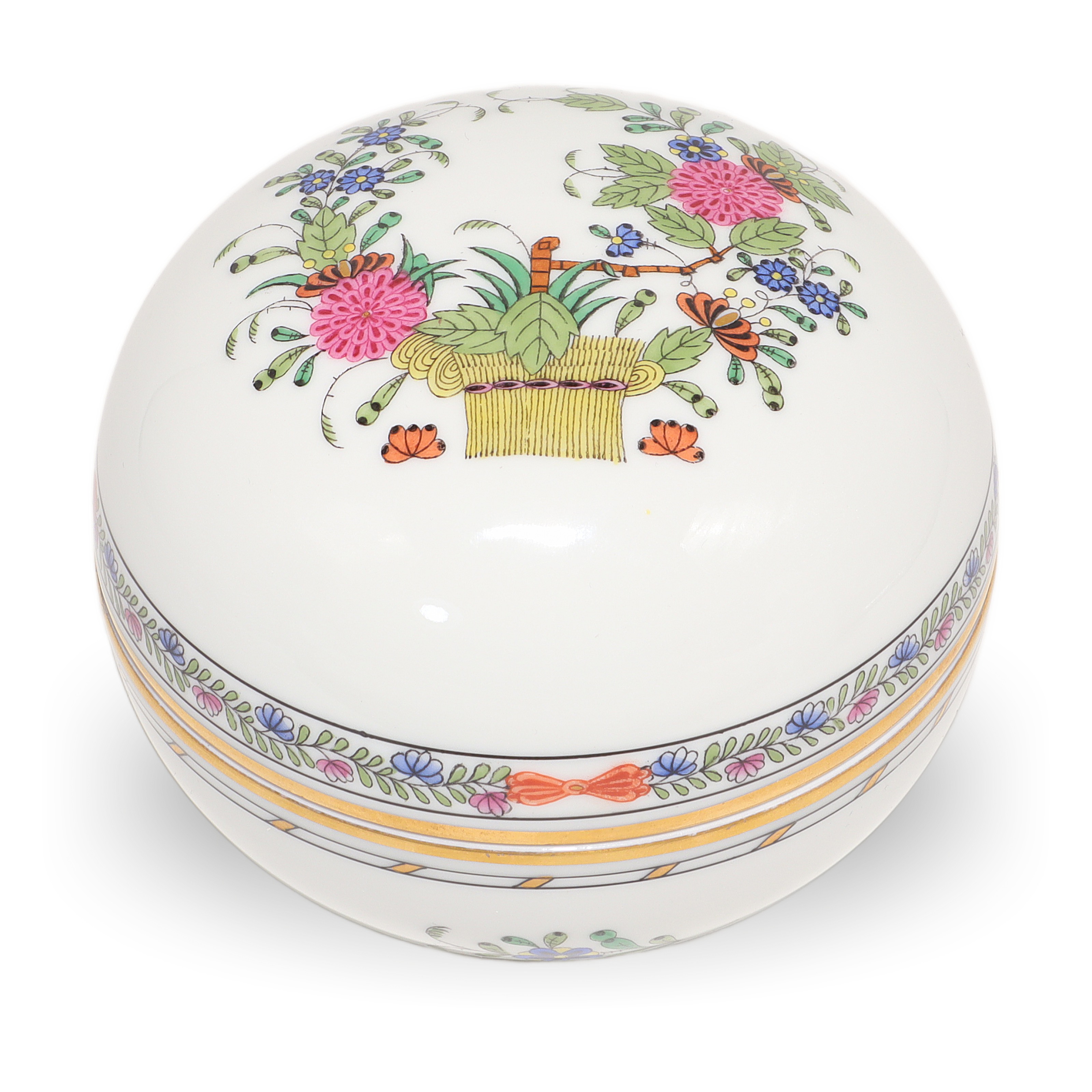 Herend Multi Color Indian Basket Trinket Box Hand Painted Porcelain Keepsake Collectible Detailed View Herend Indian Basket trinket box hand painted porcelain keepsake collectible close up with floral design