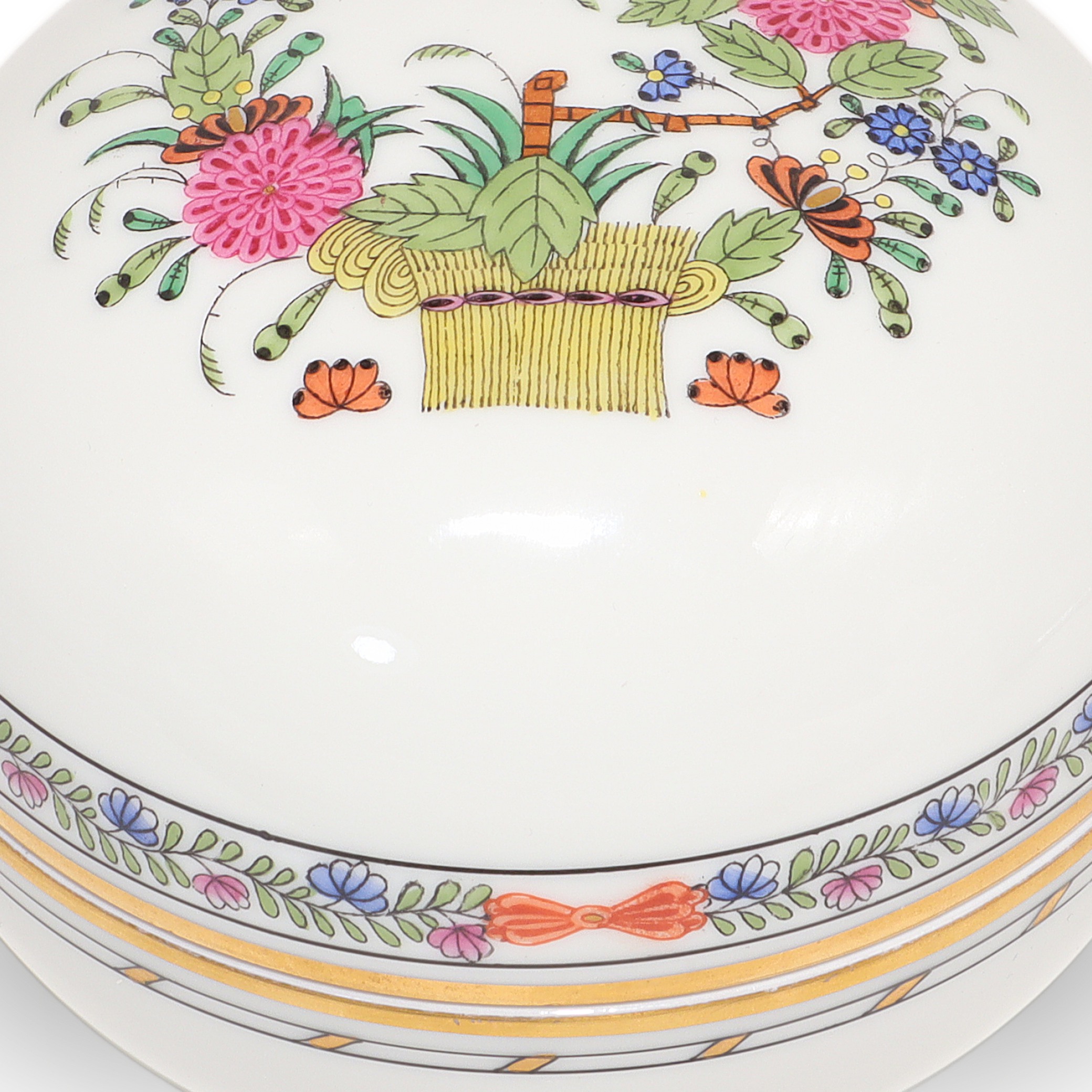 Herend Multi Color Indian Basket Trinket Box Hand Painted Porcelain Detailed View Thumbnail for Herend Multi Color Indian Basket Trinket Box Hand Painted Porcelain Keepsake Hungarian Collectible