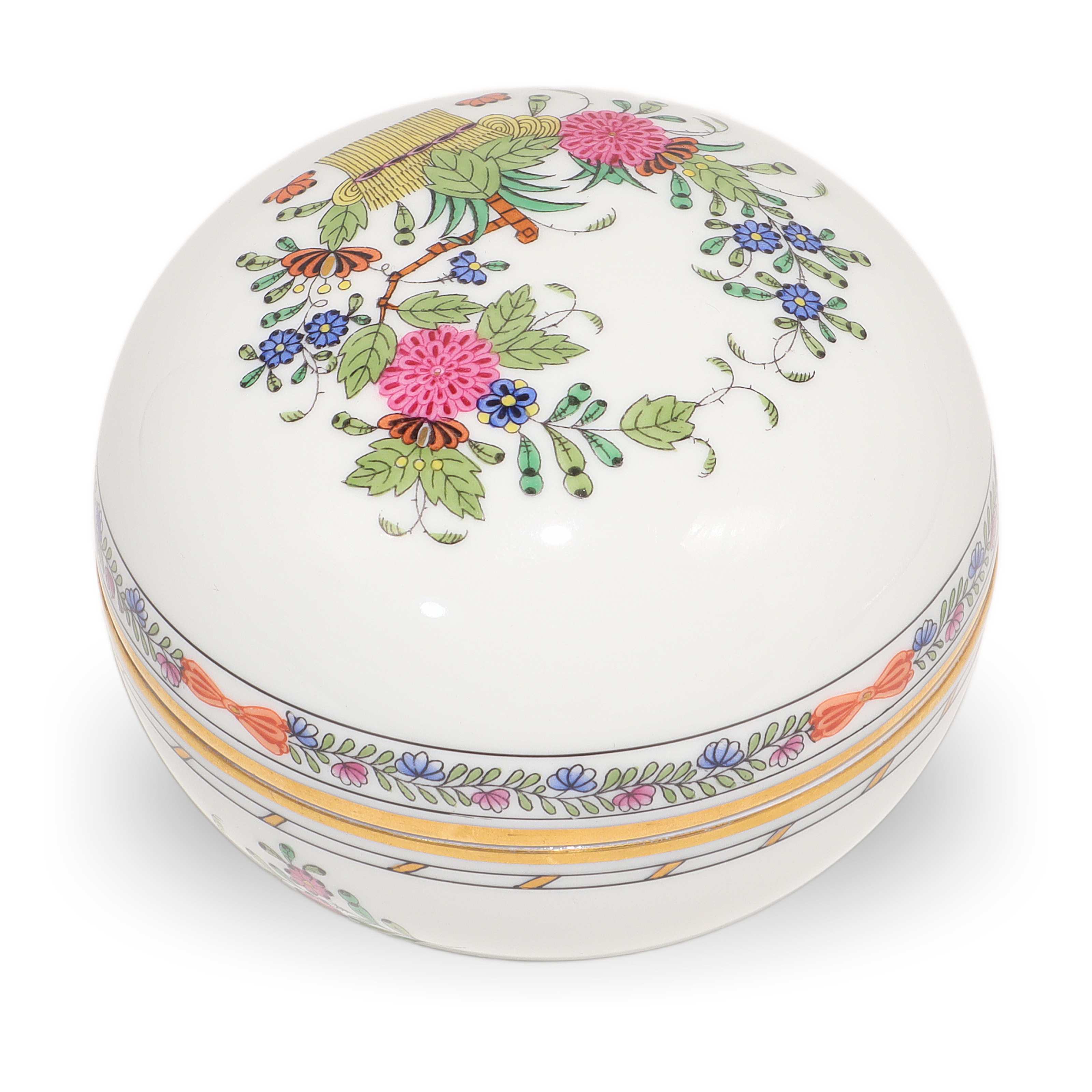 Herend Multi Color Indian Basket Trinket Box Hand Painted Porcelain Keepsake Hungarian Collectible Detailed View Thumbnail for Herend Multi Color Indian Basket Trinket Box Hand Painted Porcelain Keepsake Hungarian Collectible