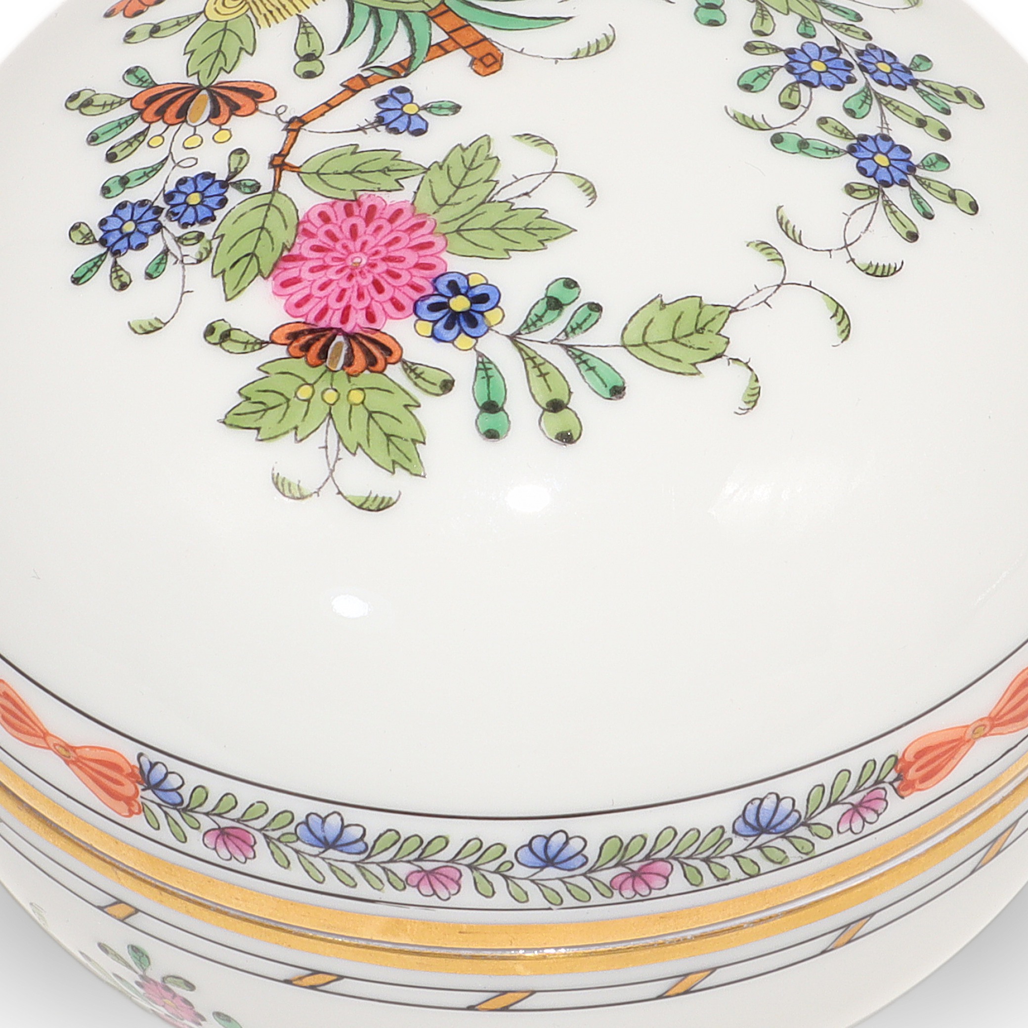 Herend Multi Color Indian Basket Trinket Box Hand Painted Porcelain Detailed View Thumbnail for Herend Multi Color Indian Basket Trinket Box Hand Painted Porcelain Keepsake Hungarian Collectible