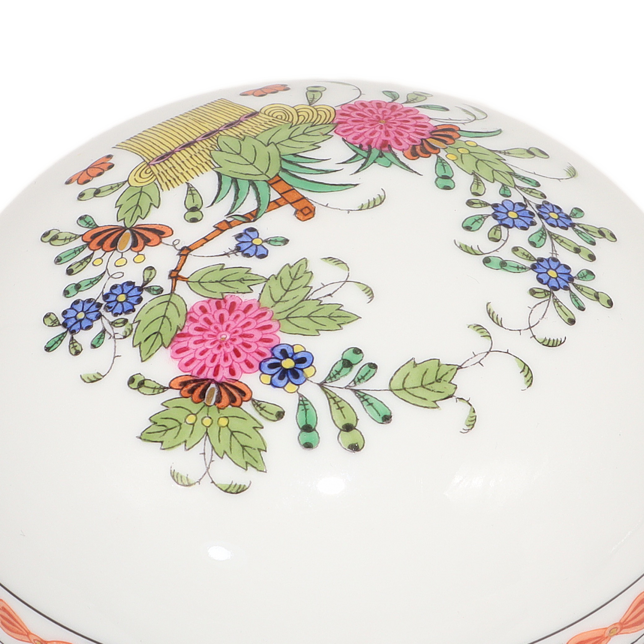 Herend Multi Color Indian Basket Trinket Box Hand Painted Porcelain Detailed View Thumbnail for Herend Multi Color Indian Basket Trinket Box Hand Painted Porcelain Keepsake Hungarian Collectible