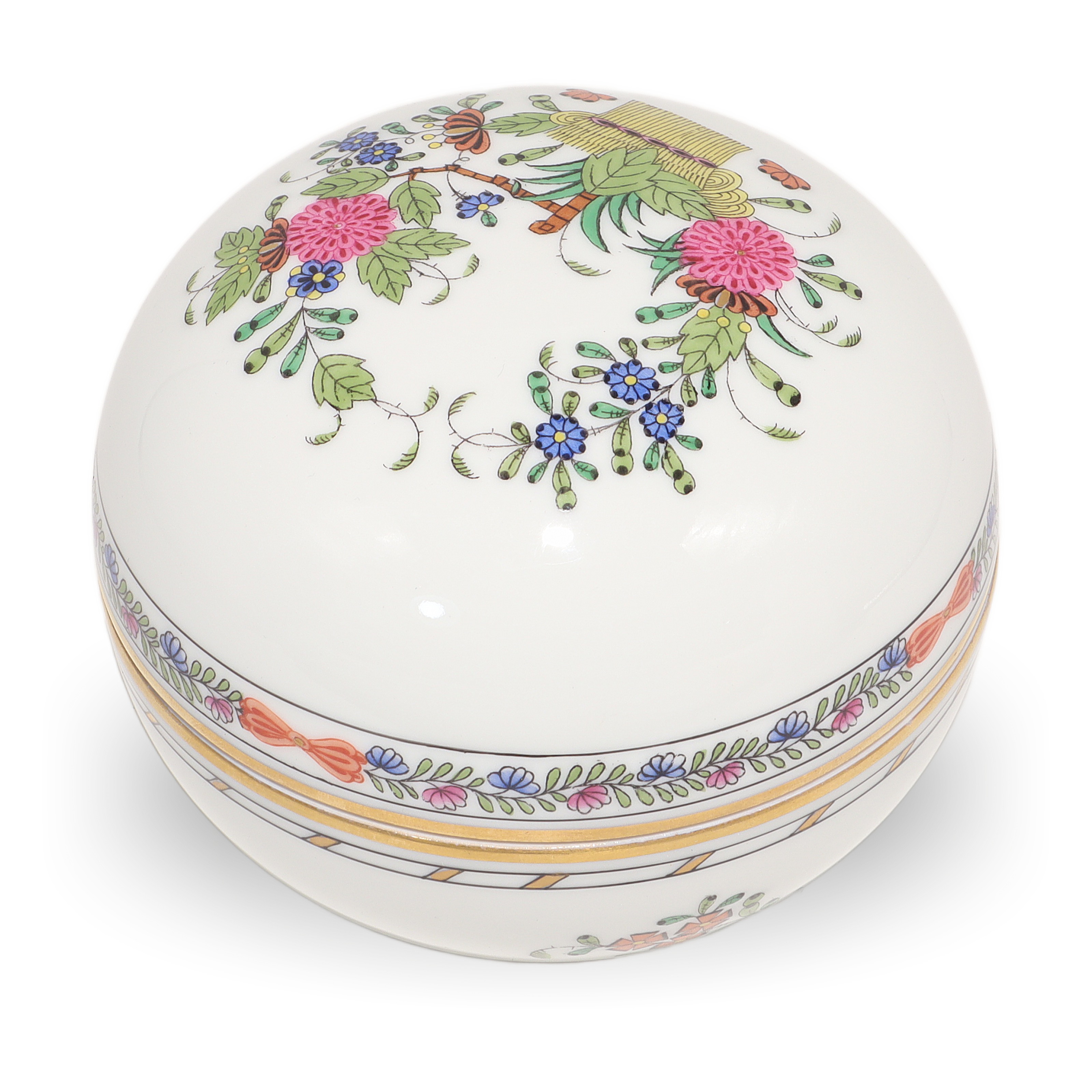 Herend Multi Color Indian Basket Trinket Box Hand Painted Porcelain Keepsake Detailed View Thumbnail for Herend Multi Color Indian Basket Trinket Box Hand Painted Porcelain Keepsake Hungarian Collectible