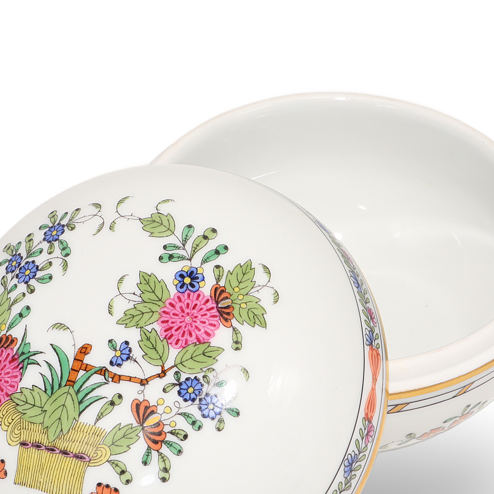 Herend Multi Color Indian Basket Trinket Box Detailed View Hand Painted Porcelain Collectible Thumbnail for Herend Multi Color Indian Basket Trinket Box Hand Painted Porcelain Keepsake Hungarian Collectible