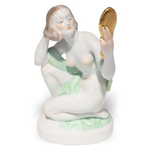 Herend porcelain figurine of a woman holding a gold mirror, Art Deco style, collectible hand-painted porcelain sculpture