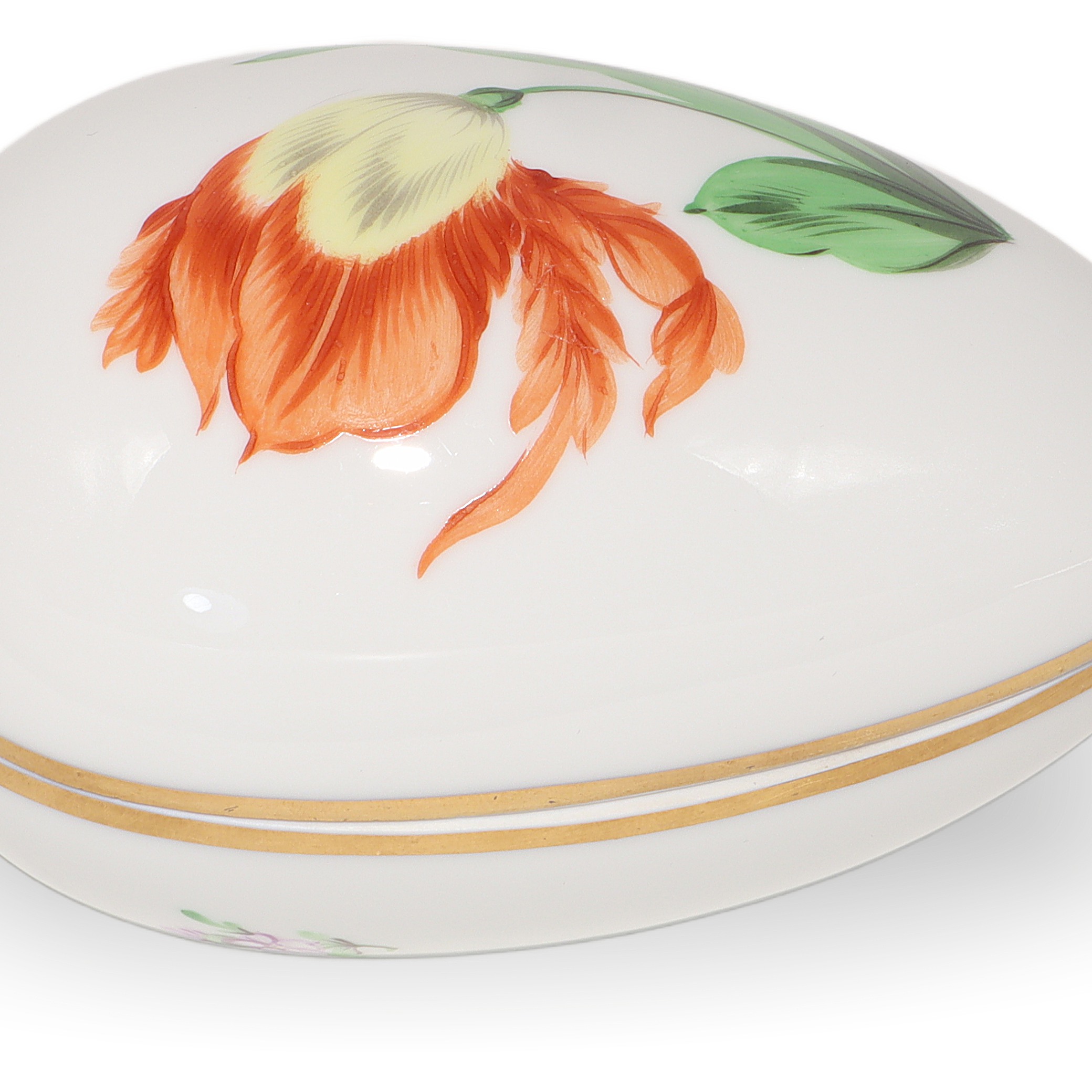 Herend Trinket Box Hand Painted Red Poppy Kitty Floral Pattern Gold Rim Detailed View Thumbnail for Herend Trinket Box - Red Poppy Kitty Floral Pattern - Hand Painted With Gold Rim