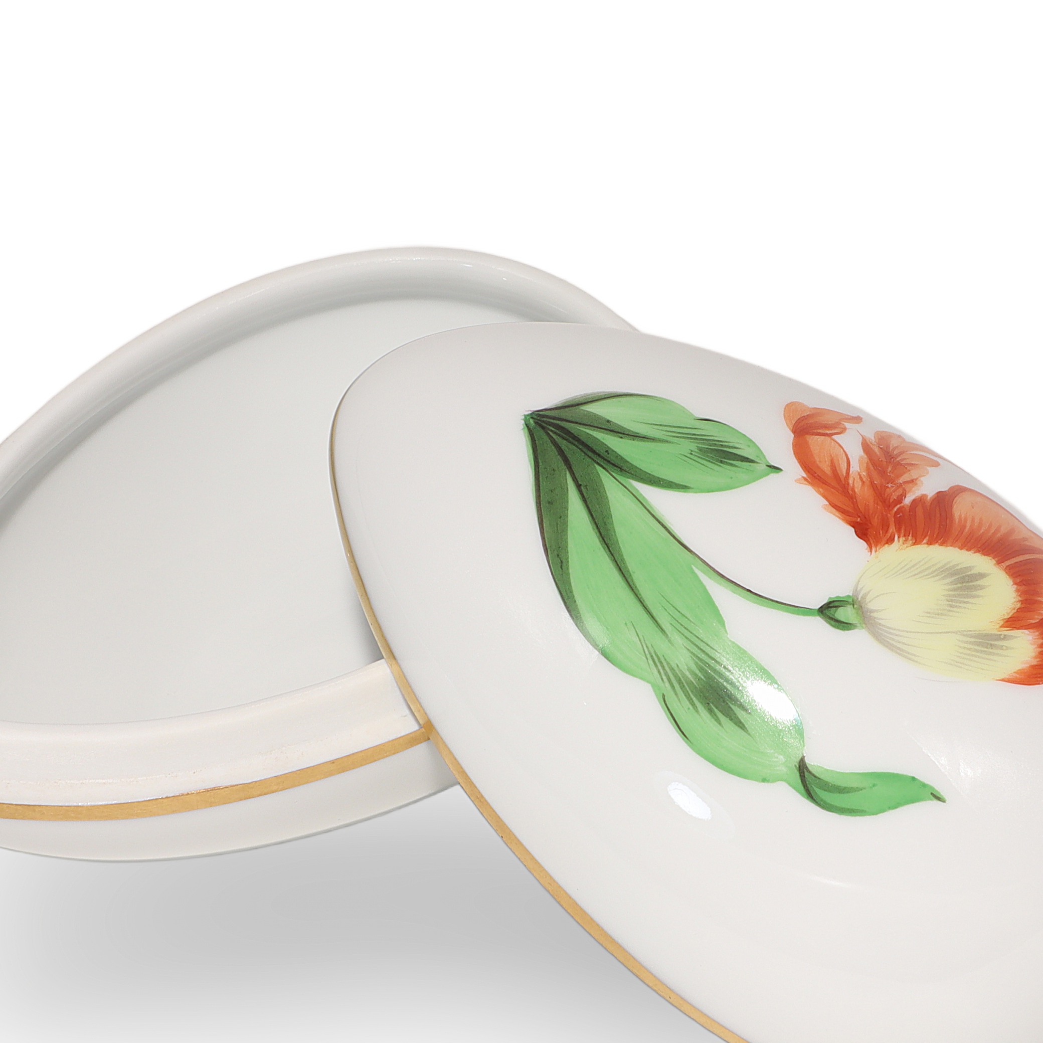 Herend Trinket Box Hand Painted Red Poppy Kitty Floral Pattern Gold Rim Detailed View Thumbnail for Herend Trinket Box - Red Poppy Kitty Floral Pattern - Hand Painted With Gold Rim