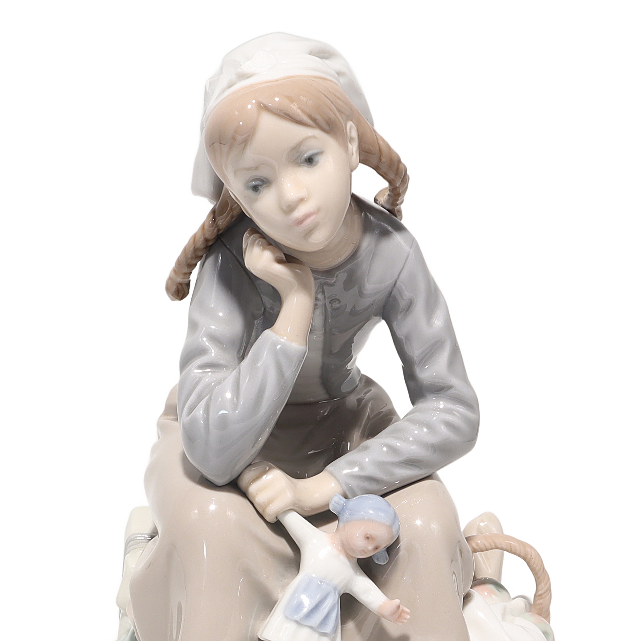 Lladro Porcelain Reflective Girl With Doll 1211 Figurine Detailed View Thumbnail for Lladro Porcelain Figurine Reflective Girl With Doll 1211 - Vintage Spain - Retired Collectible - Hand Painted - Home Decor
