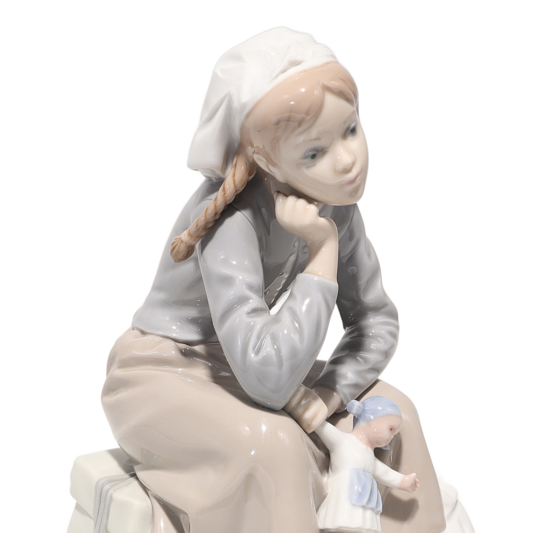 Lladro Porcelain Reflective Girl With Doll 1211 Figurine Detailed View Thumbnail for Lladro Porcelain Figurine Reflective Girl With Doll 1211 - Vintage Spain - Retired Collectible - Hand Painted - Home Decor