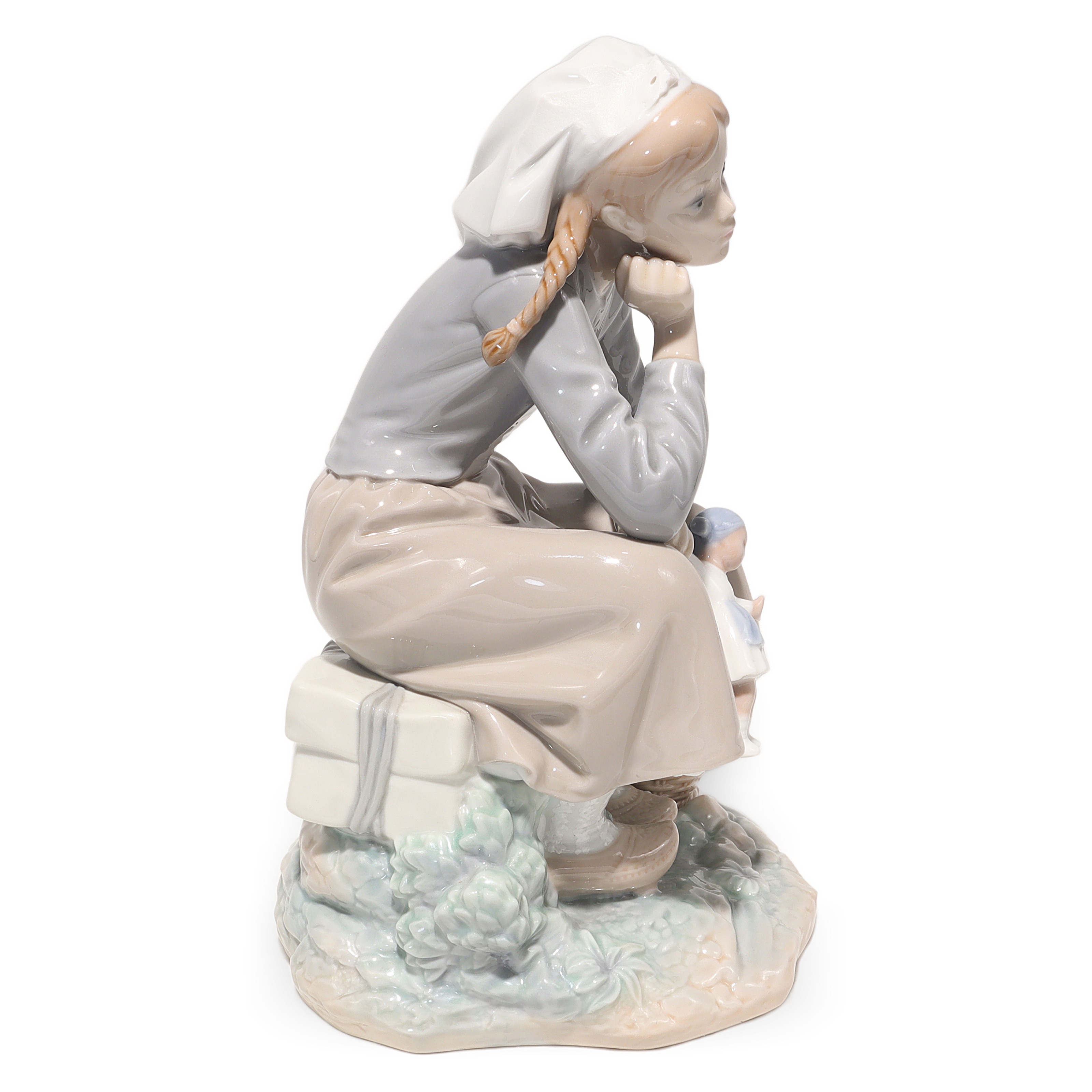 Lladro Porcelain Reflective Girl With Doll Figurine 1211 Side View Thumbnail for Lladro Porcelain Figurine Reflective Girl With Doll 1211 - Vintage Spain - Retired Collectible - Hand Painted - Home Decor