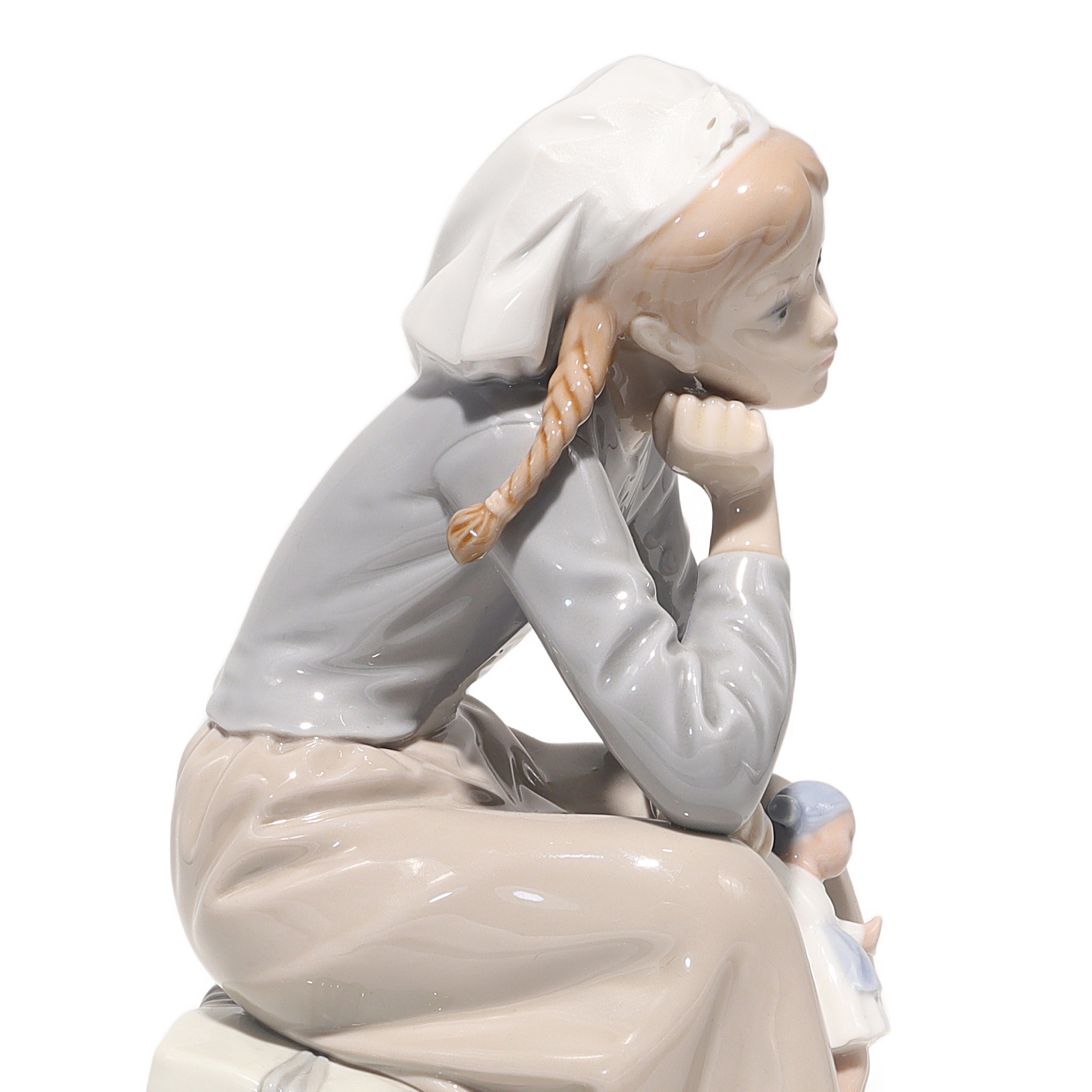 Lladro Porcelain Reflective Girl With Doll 1211 Figurine Detailed Side View Thumbnail for Lladro Porcelain Figurine Reflective Girl With Doll 1211 - Vintage Spain - Retired Collectible - Hand Painted - Home Decor
