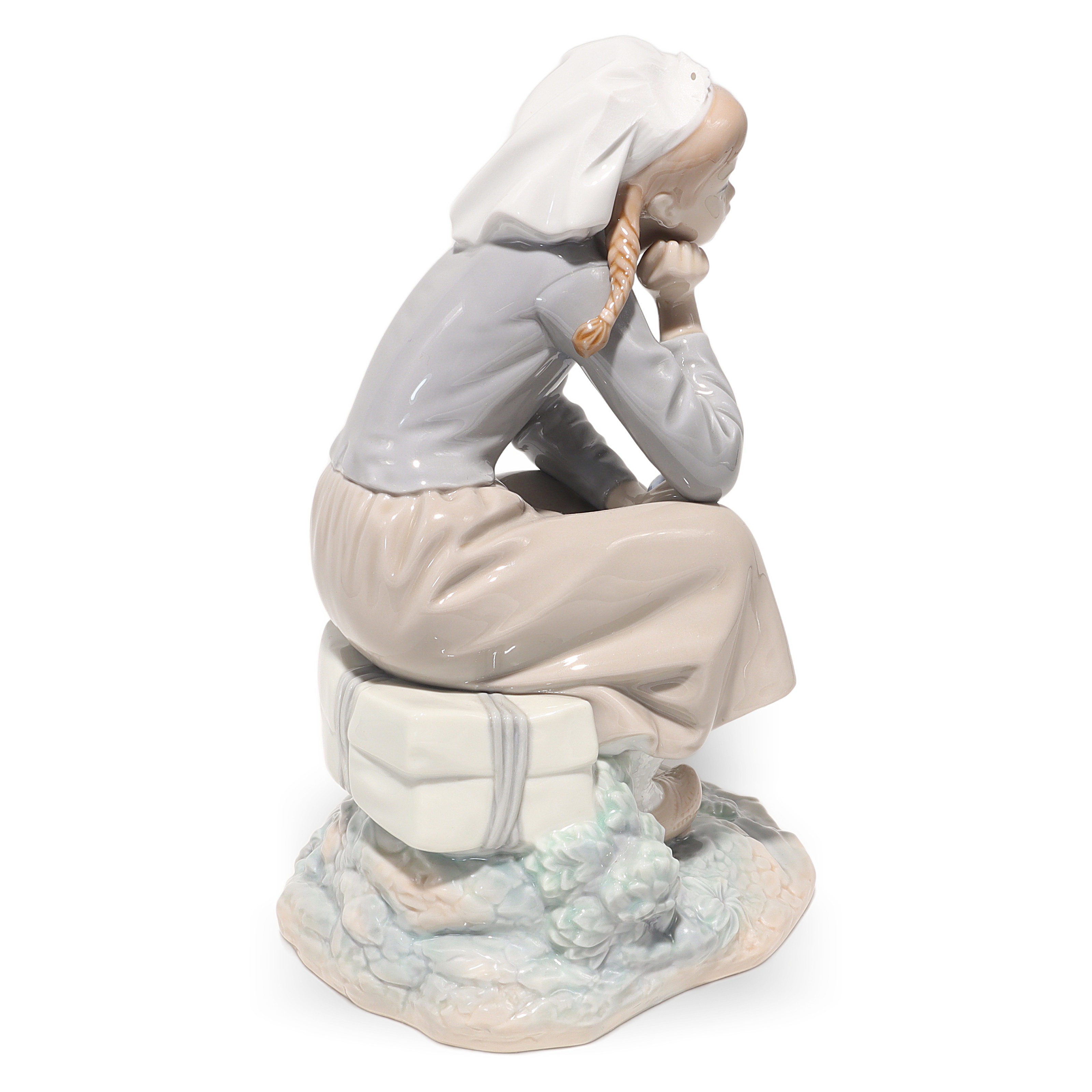 Lladro Porcelain Reflective Girl With Doll 1211 Figurine Detailed Side View Thumbnail for Lladro Porcelain Figurine Reflective Girl With Doll 1211 - Vintage Spain - Retired Collectible - Hand Painted - Home Decor