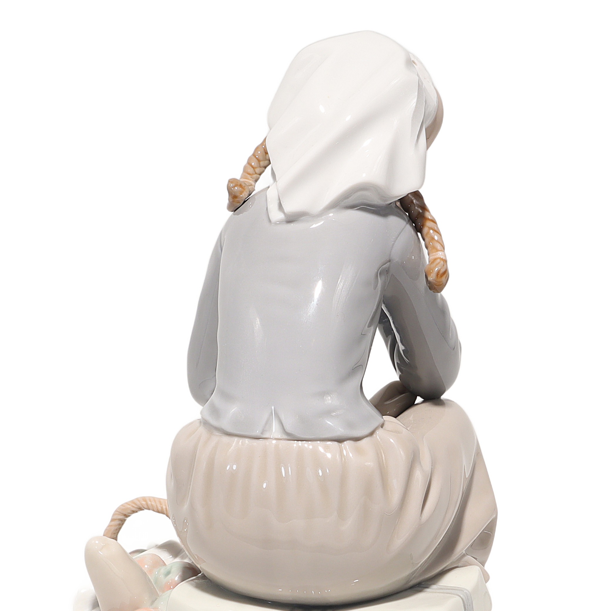 Lladro Porcelain Reflective Girl With Doll 1211 Figurine Detailed View Thumbnail for Lladro Porcelain Figurine Reflective Girl With Doll 1211 - Vintage Spain - Retired Collectible - Hand Painted - Home Decor