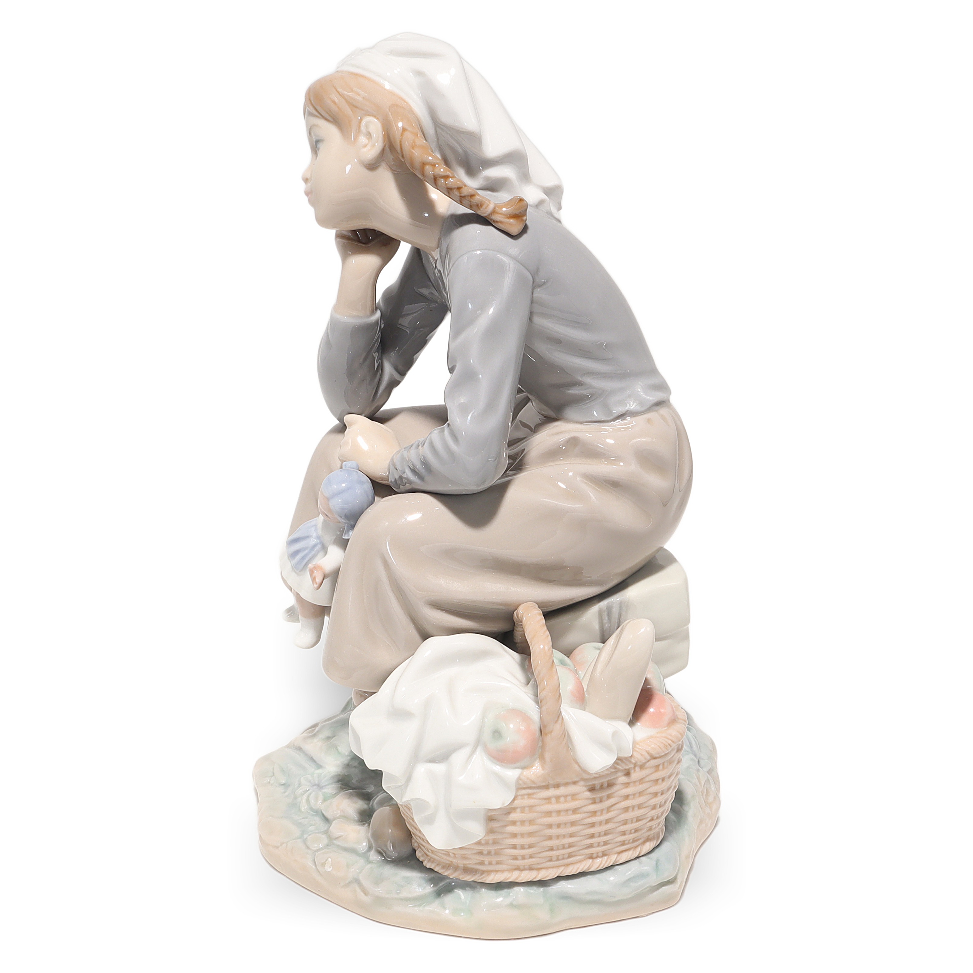 Lladro Porcelain Reflective Girl With Doll 1211 Figurine Detailed View Thumbnail for Lladro Porcelain Figurine Reflective Girl With Doll 1211 - Vintage Spain - Retired Collectible - Hand Painted - Home Decor