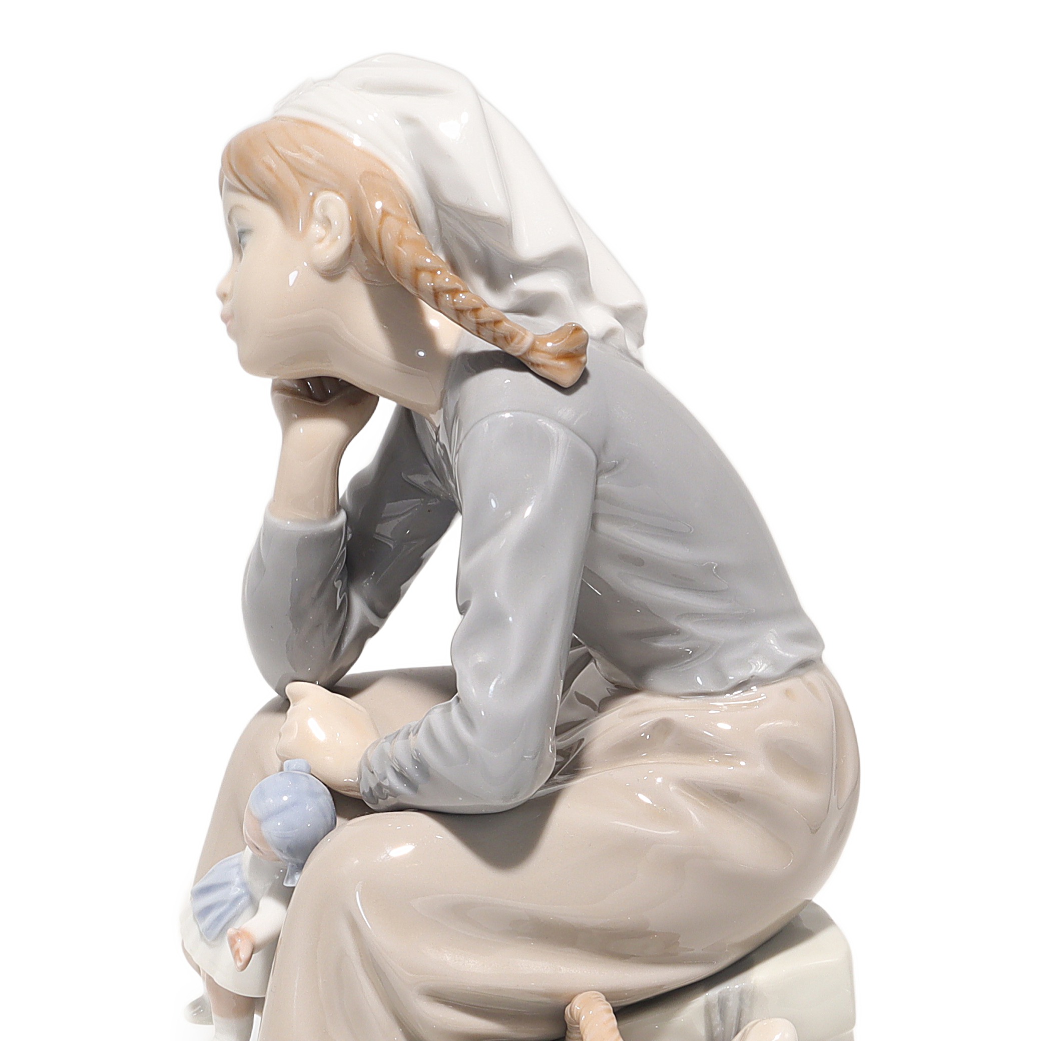 Lladro Porcelain Reflective Girl With Doll 1211 Detailed View Thumbnail for Lladro Porcelain Figurine Reflective Girl With Doll 1211 - Vintage Spain - Retired Collectible - Hand Painted - Home Decor