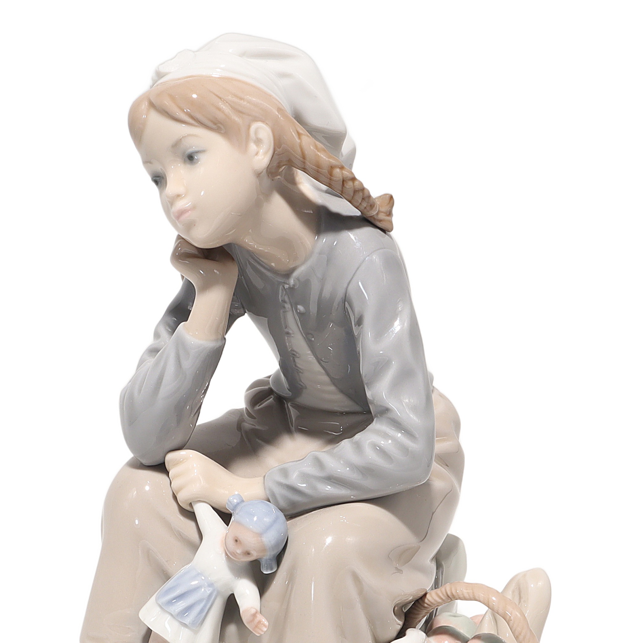 Lladro Porcelain Reflective Girl With Doll Figurine 1211 Close Up Detailed View Thumbnail for Lladro Porcelain Figurine Reflective Girl With Doll 1211 - Vintage Spain - Retired Collectible - Hand Painted - Home Decor