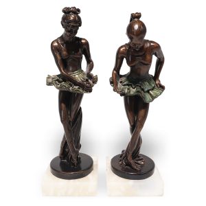 Art Deco ballerina figurines bronze finish with green tutu on marble base, elegant vintage dancer statues for home decor