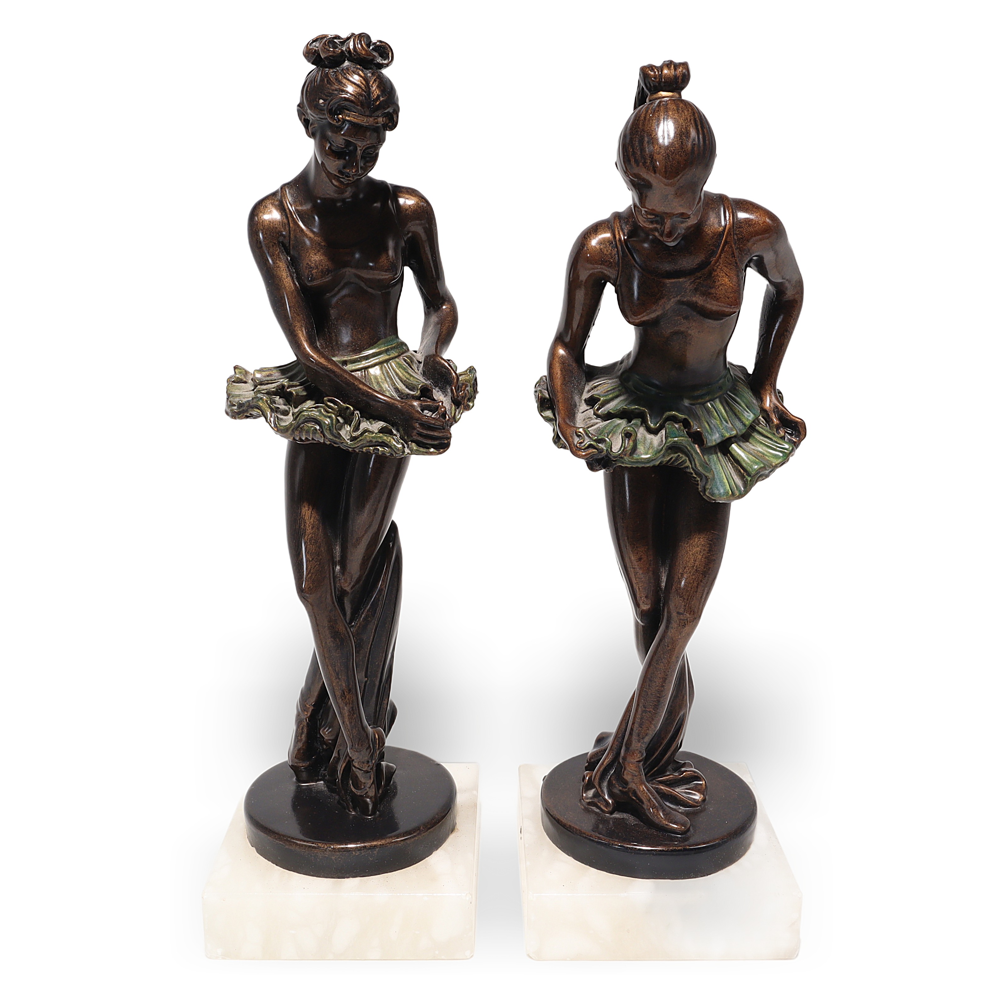 Art Deco Ballerina Statue Figurines on Marble Base Art Deco ballerina figurines bronze finish with green tutu on marble base, elegant vintage dancer statues for home decor