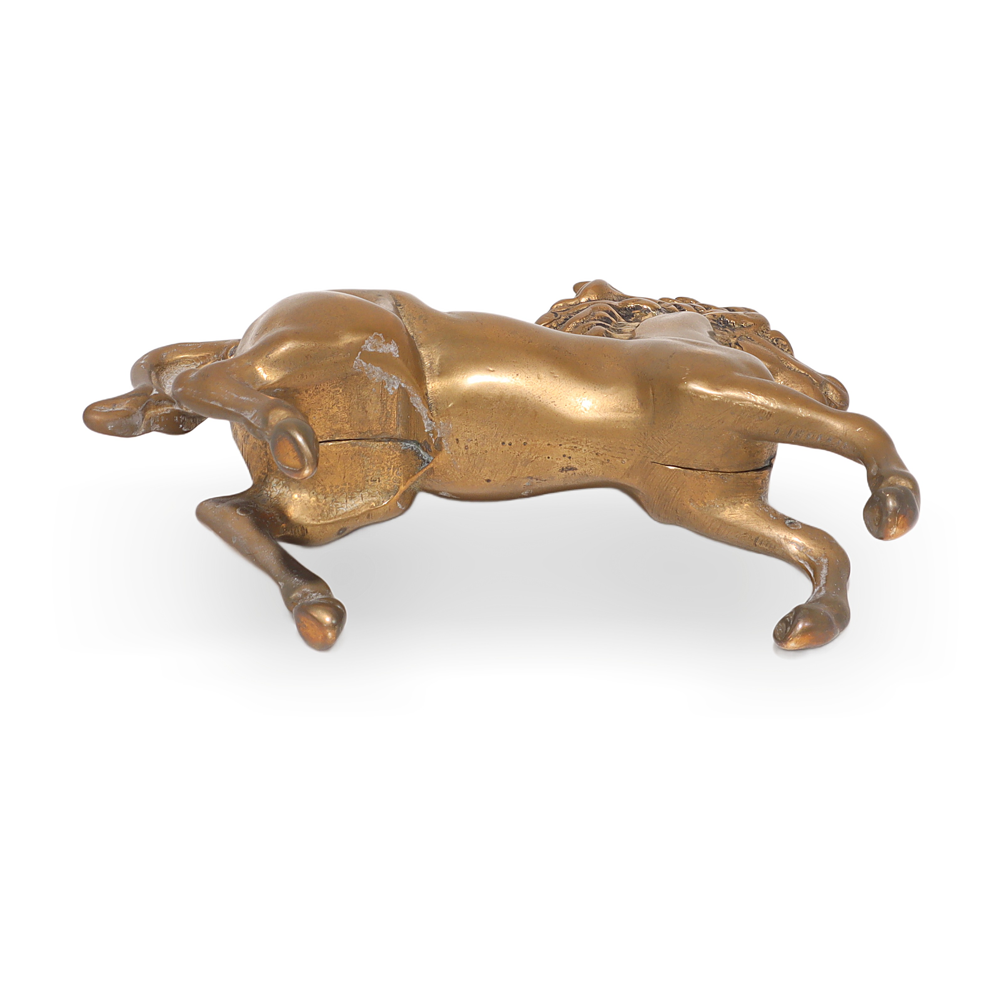 Vintage Brass Horse Figurine Bottom View Brass horse figurine base detailed view, vintage decorative collectible equestrian statue