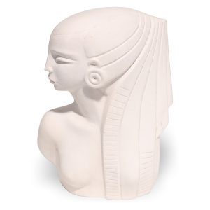 Egyptian Woman porcelain statue bust with detailed Art Deco features, white bisque finish, collectible home decor