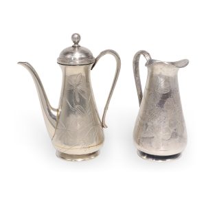 Szandrik silver plated tea pot and pitcher set with floral engravings, antique vintage collectible tableware