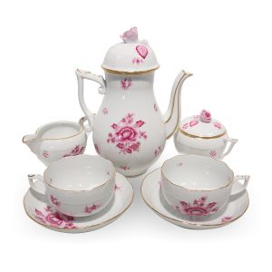 Herend Nanking Rose coffee set with pink floral porcelain design, teapot, cups, saucers, creamer, and sugar bowl
